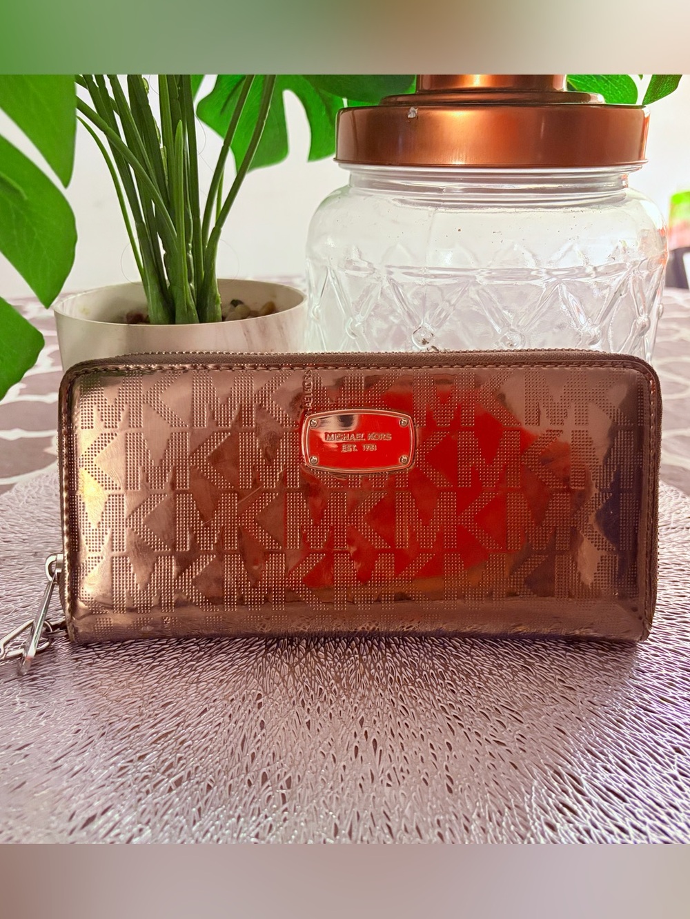 Michael Kors Metallic Rose Gold Signature Zip Around Wallet